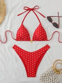 Swim Vcay Summer 2 Pieces Swimwear, Spaghetti Strap Random Print Top And High Cut Bottoms, Summer Beach Vacation Bikini Set - Red - View 1
