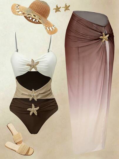 Swim Oasis Women's Patchwork Starfish Decor One-Piece Swimsuit, Suitable For Beach Vacation, Pool Party, Beach Party,Beach Vacation 2026 New Women's Swimwear ArrivalFor School,Suitable For Holiday, Date, Afternoon Tea, Western, Cruise, Beach, Island, Road Trip, All Seasons, Music Festival, Boho Vacation,Bohemian Vacation, Chill Autumn ,Western Boho ,Elegant Dress For Women Lively Holiday Colorful Prints Swimsuit. 3 Piece Swimsuit Set Bathing Suit Set 3 Piece Women Beach Outfit Womens Beach Outfits Sexy Beach Outfits