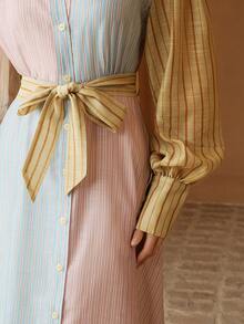 Anewsta Petite Women's Pink Stripe Summer Elegant Brunch Vacation Holiday Colorful Striped Polo Collar Lantern Sleeve Asymmetrical Patchwork Long Dress With Belt , Petite Women - Multicolor - View 2