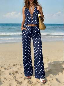 SHEIN EZwear Bộ 2 món: Áo hai dây hở lưng buộc nơ màu xanh chấm bi và quần ống rộng có dây rút, thích hợp cho hộp đêm, kỳ nghỉ, bãi biển, tiệc tùng, Hawaii và các dịp khác. - Nhiều màu - Xem 7