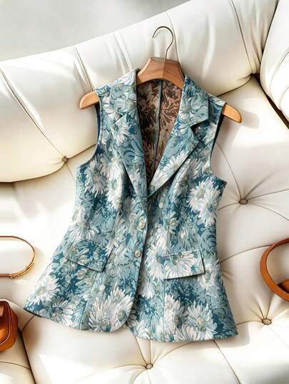 GlowEve CURVE 大码女装畅销款无袖优雅提花西装外套，简约修身剪裁，时尚提花面料，金属纽扣设计，适合日常外出和通勤。