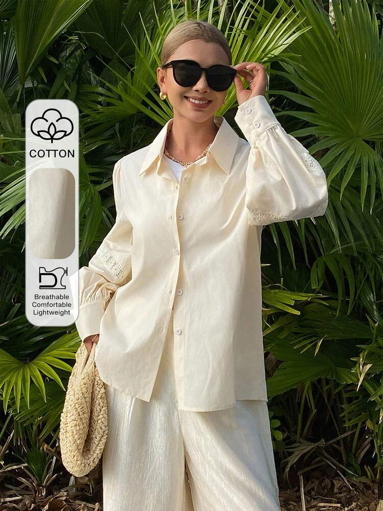 Women's Casual Solid Color Lace Patchwork Blouse, Spring/Summer