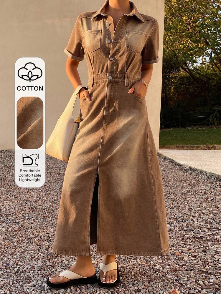 Women's Casual Washed White Pocket Denim Dress, Spring/Summer,Wedding Guest Dress Women