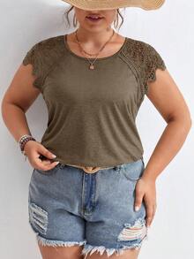 SHEIN Frenchy Plus Size Women Contrast Lace Raglan Sleeve Casual T-Shirt - Brown - View 1