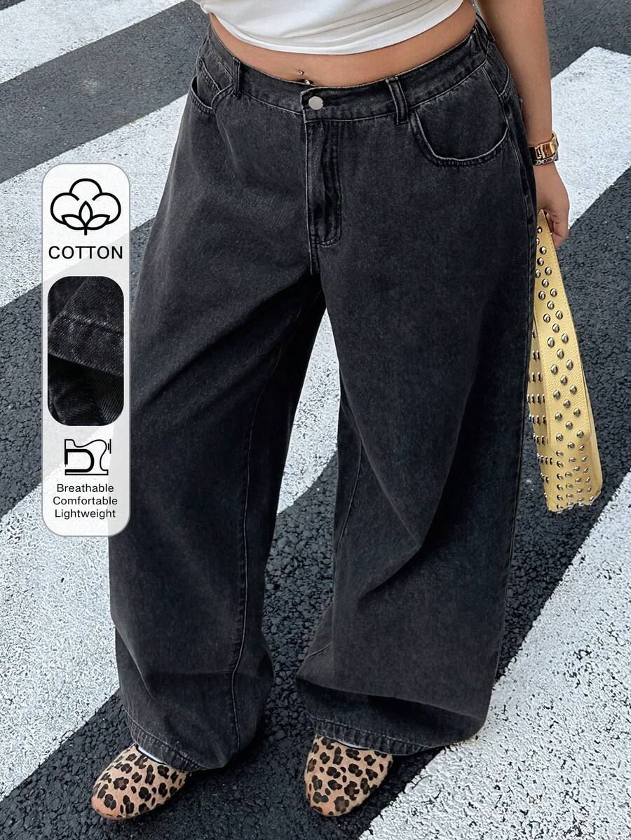 Dazy Plus Dark Wash Blue Waistband Patchwork Drawstring Straight Leg Long Jeans, All Season - Dark Grey - View 1