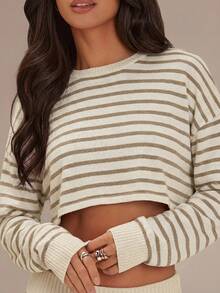 Athîral Women's Casual Everyday Commute Contrast Stripe Print Loose Fit Drop Shoulder Long Sleeve Cropped Top, Spring/Summer/Autumn - Apricot - View 1