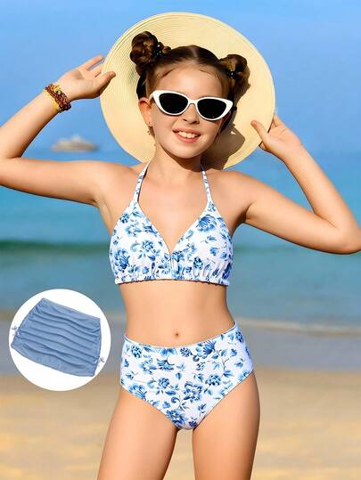 SHEIN Tween Girls Floral Print 3-Piece Bikini Set With Skirt, Fashion Casual Elegant Swimwear Suitable For Swimming, Vacation, Summer