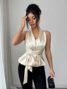 Selianne Women's Elegant V-Neck Sleeveless Wrap Tie Camisole Top, Pleated Satin Champagne Color, Unique Design, Suitable For Spring/Summer Vacation - Champagne - View 6