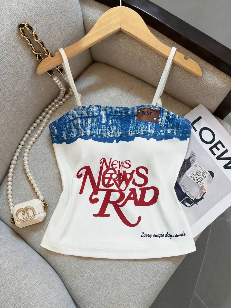 GlowEve Women's Fashion Letter Patchwork Slim Fit Camisole Tank Top, Summer - White - View 1