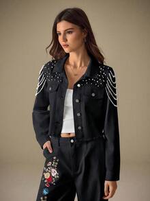 Selenza Atasan Denim Wanita dengan Hiasan Rumbai Manik-Manik - Hitam - View 2