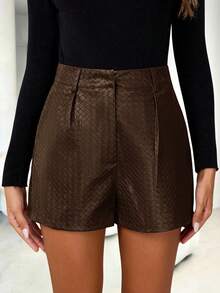 SHEIN Clasi Women Textured Leather Pocket Loose Casual Shorts - Coffee Brown - View 3
