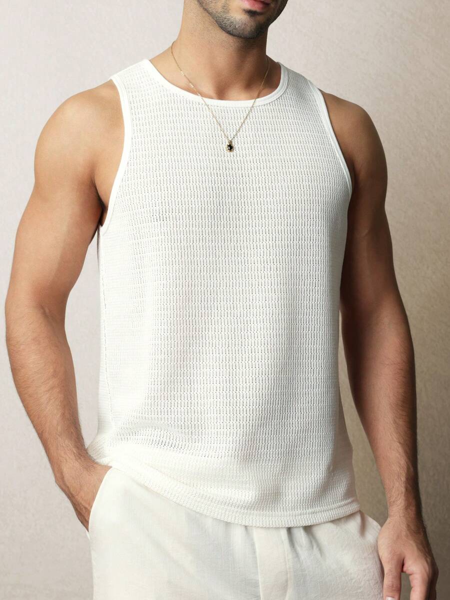 SUMWON 宽松V领无袖镂空针织背心，扎染图案，夏季休闲纯色款 - 白色 - 查看 1