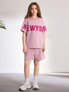 Sparklyn Teens Girls' Casual Street Style Purple Graphic Print Loose Short Sleeve T-Shirt Set, Summer Tops, Comfortable & Versatile For Vacation, Travel, Campus, Daily Wear - Purple - View 3