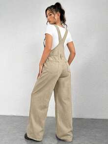 SHEIN EZwear 女士纯色贴袋休闲牛仔背带连体裤 - 卡其色 - 查看 2