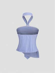 Sweetra Petite 女士条纹褶皱不对称下摆蝴蝶结领吊带背心 - 彩色 - 查看 2