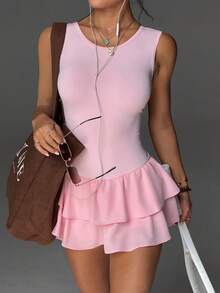 CourtClass Mono sin mangas con cuello redondo, espalda descubierta y falda con volantes con bolsillos, adecuado para uso diario casual, correr, yoga, gimnasio, tenis, golf, primavera/verano - Rosa - Ver 3