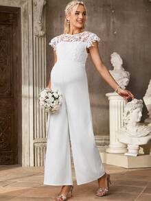 SHEIN Mono de maternidad de pierna ancha con unicolor y encaje de contraste - Blanco - Ver 8
