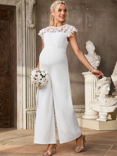 SHEIN Bộ áo liền quần bầu ống rộng phối ren màu trơn tương phản.