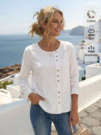 Faunlyn Solid Color Decorative Button-Up Shirt, Vacation Casual