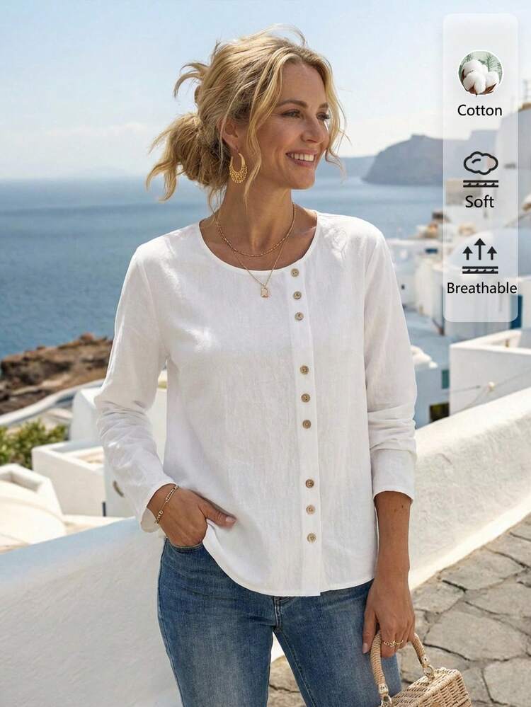 Solid Color Decorative Button-Up Shirt, Vacation Casual