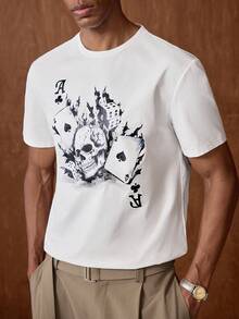 AKNOTIC Camiseta de manga corta con estampado de calaveras y cartas de póquer para hombres, para salir, para amigos - Blanco - Ver 1