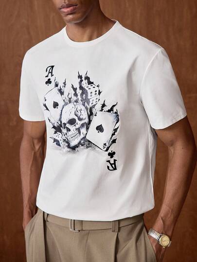 AKNOTIC 男士骷髅和扑克牌图案印花短袖 T 恤，适合外出、送给朋友