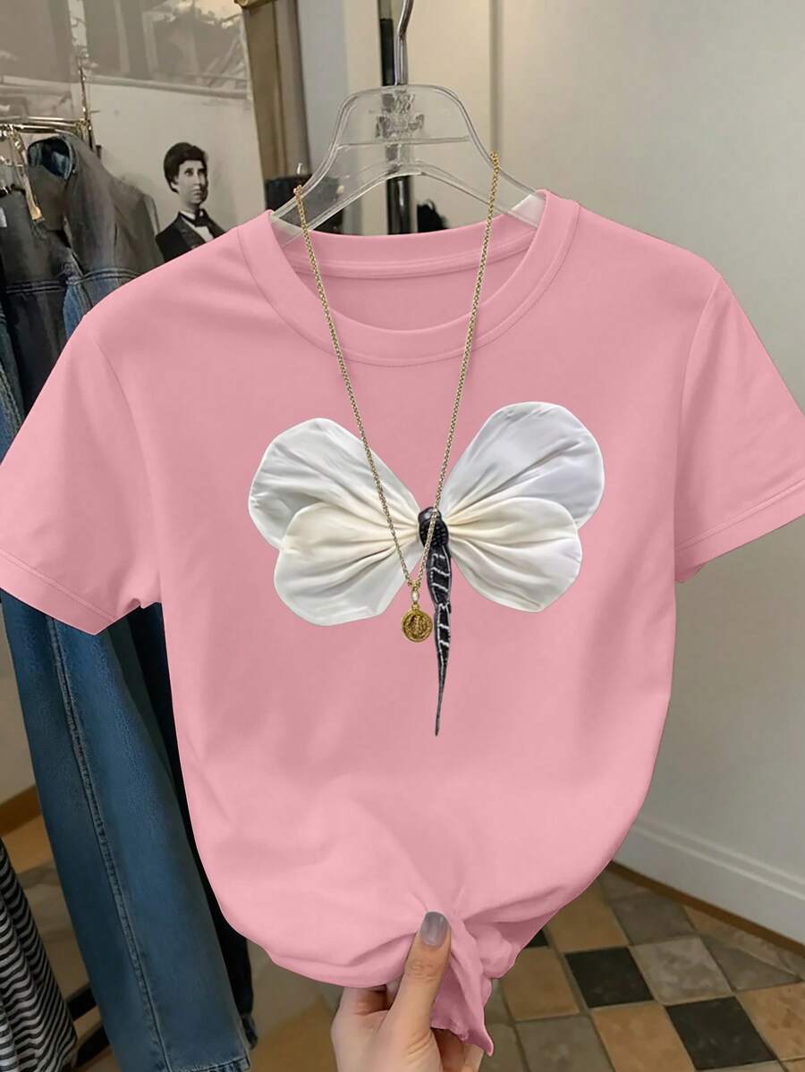 Resyla Women's Dragonfly Print Short Sleeve Casual Versatile Round Neck T-Shirt - Baby Pink - View 1