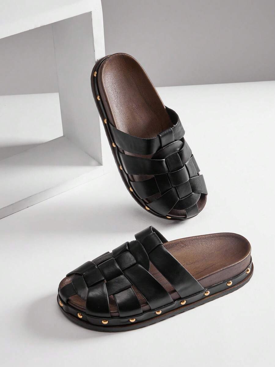 Solezae Women's Vintage Roman Style Woven Slip-On Flat Clogs - Black - View 1