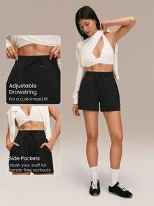 GLOWMODE 4.0英寸 SoftSerene 莫代尔面料，轻松舒适，丝滑透气，宽松版型，可调节抽绳腰带，高腰设计，侧边口袋，适合日常休闲穿着。 - 黑色 - 查看 3