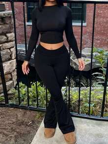 INAWLY Women's Solid Color Cropped Long Sleeve Top And Leggings 2 Pieces Set - Black - View 4