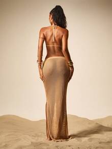 MISSGUIDED Women Beige Crochet Knit Two Piece Co-Ord Set Triangle Bralette With Maxi Side Split Skirt Beach Summer Vacation Outfit - Khaki - View 2