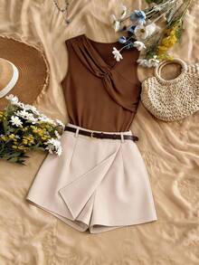 GlowEve CURVE Plus Size Women's Summer Elegant 2-Piece Set Ruched Camisole And Skorts,Beige Summer Smart Casual Wedding Guest Outfits,Solid Color Commuter Classy - Brown - View 3