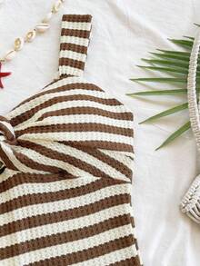 Soleia 女士度假条纹扭结设计休闲吊带中长连衣裙 - 咖啡 - 查看 4