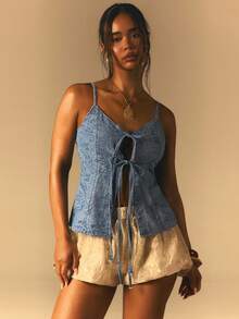 Athîral Women's Casual Vacation Spaghetti Strap Sleeveless Off Shoulder Paisley Blue Lace Up Denim Shirt, Suitable For Going Out, Dating, Commuting, Loose Fit, Blue Washed Denim Top, - Medium Wash - View 7