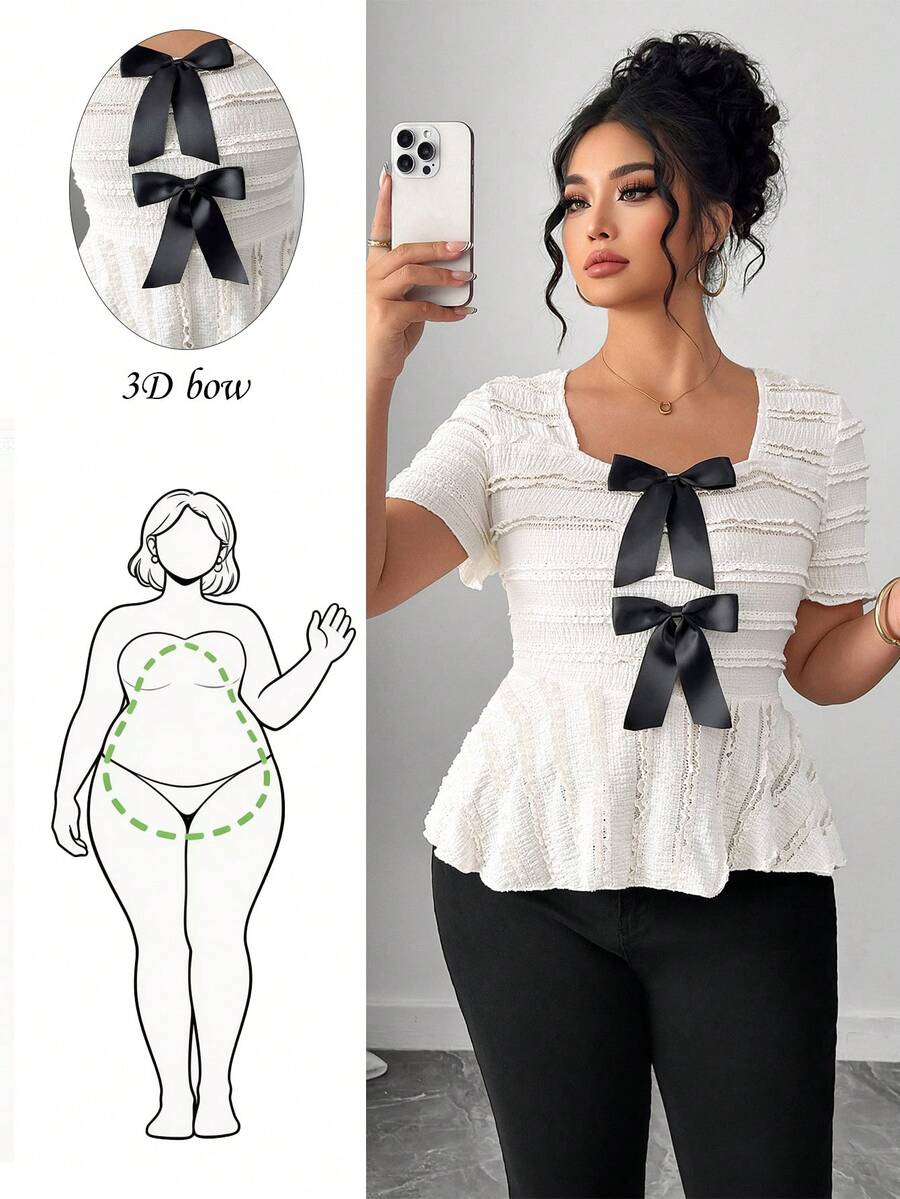 Elenzga Áo thun thời trang mùa xuân/hè kiểu Pháp lãng mạn cổ điển thanh lịch thường ngày với điểm nhấn nơ. - trắng - Xem 1