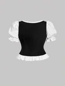 SHEIN MOD Áo kiểu tay cánh hoa màu đen trắng dành cho nữ cỡ lớn - Đen và trắng - Xem 3