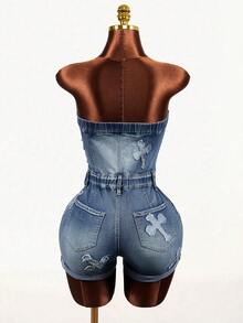 Mistrie Women's Cross Patch Frayed Denim Romper - Blue - View 2