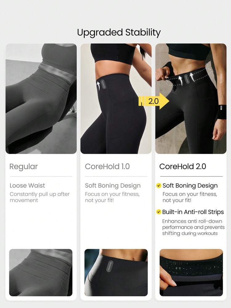 24" FeatherFit™-Sculpt Sweat-O-Clock Compressive Anti-Roll Tummy Control No Front Seam Side Pockets Leggings Low Impact Training Running Workout Gym