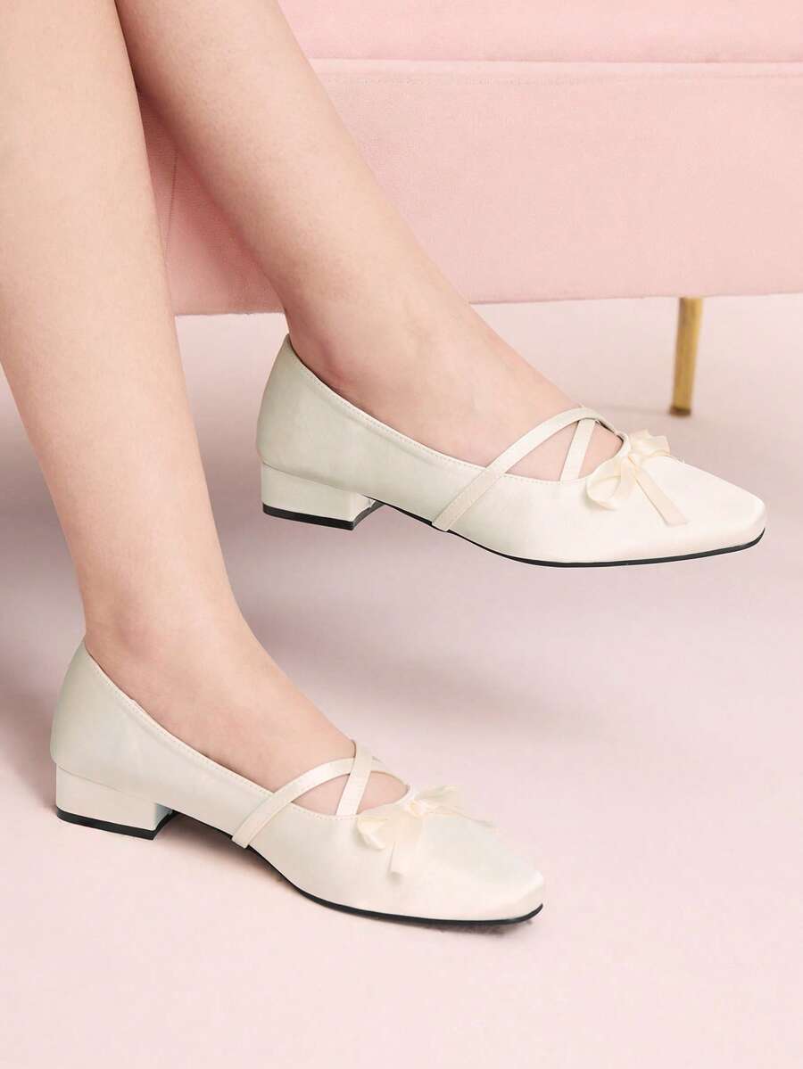 CUCCOO DOLLMOD White Vintage Square Toe Multi-Bow Fashion Ladies Medium Heel Low Heel Mary Jane Spring Shoes - Off-white - View 1