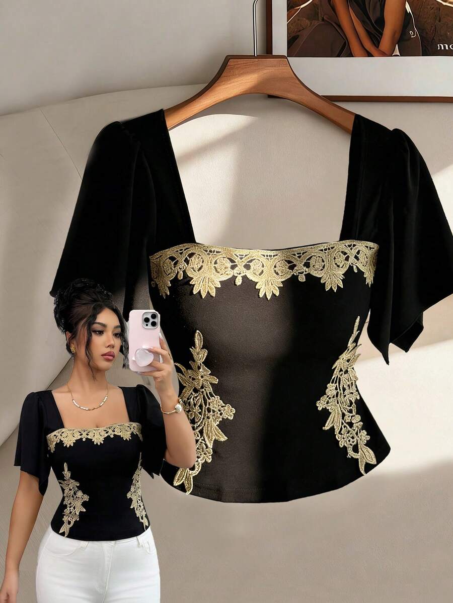 Elenzga Elegant Summer Knitted T-Shirt For Women - Black - View 1