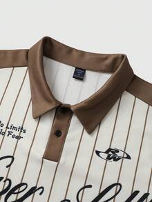 ROMWE MEN 男士字母条纹短袖休闲Polo衫 - 杏色 - 查看 3