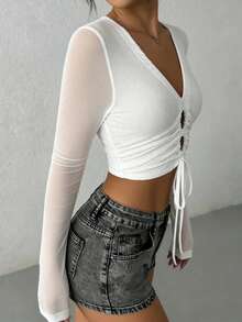 INAWLY Women's White Autumn Elegant Seksi Chic Club Knit Hollow Out Lace-Up Blouse,Sheer Mesh V-Neck Waist Cinch Top,Vintage Slim Fit Short Top - White - View 7