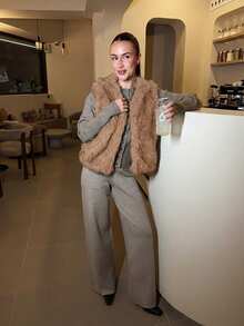 Abrilcols 女士时尚无袖仿皮草背心，秋冬女士棕色背心无袖外套，女士仿皮草背心无袖皮草外套，棕色皮草背心，女士奢华服装，女士冬季服装 - 駝色 - 查看 4