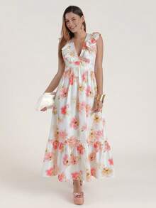 CielaLinda 女士荷叶边长款连衣裙 V领荷叶边连衣裙 印花连衣裙 - 彩色 - 查看 6