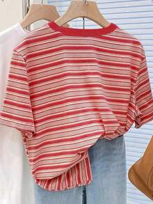INAWLY 复古彩色条纹女式短袖T恤，夏季休闲圆领上衣 - 彩色 - 查看 2