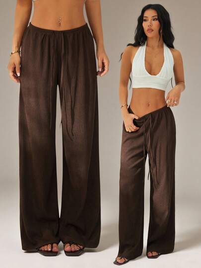 SHEIN PETITE Women's Solid Color Tie Waist Wide Leg Loose Casual Versatile Pants Brown Pants For Women Beach Pants For Women Women S Pants For Summer Loose Pants For Women Women Pants Wide Leg