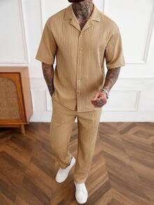 Manfinity Homme 2pcs Men's Jacquard Striped Short Sleeve Shirt And Drawstring Pants Set,Khaki Summer Casual Vacation Holiday,Yamamoto Series Comfortable Outfit Set - Khaki - View 5