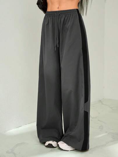 SHEIN Tall Women's Fall Streetwear Concert Rave Festival Going Out Vintage Y2K Color-Blocked Grey Loose Wide Leg Pants