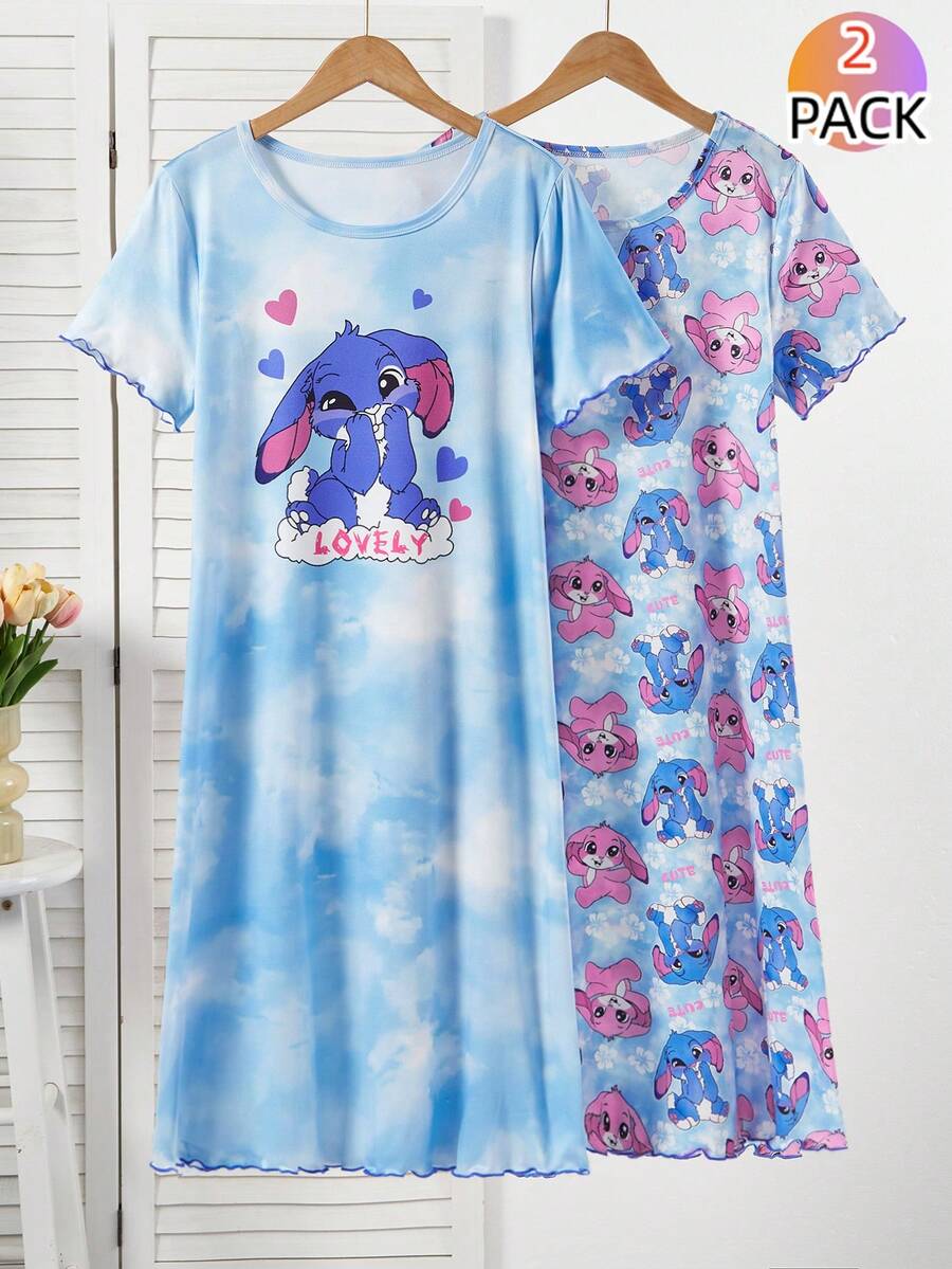 Bộ 2 bộ đồ ngủ cho bé gái tuổi teen, màu xanh da trời nhạt hiệu ứng nhuộm tie-dye, cổ tròn, tay ngắn, cổ áo phối màu tương phản, viền và tay áo xếp nếp, họa tiết "Naughty" màu xanh da trời nhạt và 2 họa tiết "Naughty" khác màu với hoa nhỏ và chữ "Cute", chất liệu vải dệt kim mềm mại, thân thiện với da, kiểu dáng dài vừa phải, thiết kế đơn giản dễ phối đồ, co giãn, có thể giặt máy, thoải mái khi mặc. - Nhiều màu - Xem 1