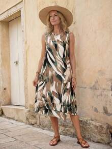 Faunlyn Đầm midi không tay in họa tiết toàn thân cho nữ đi nghỉ - Nhiều màu - Xem 4